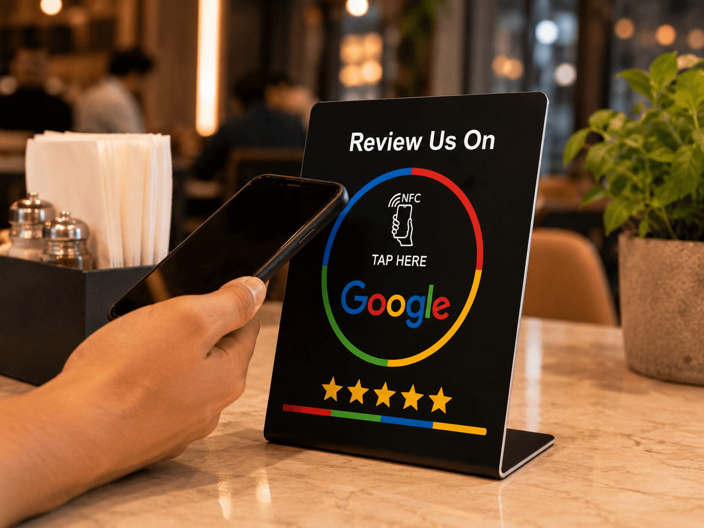 Customer tapping a smartphone on a Google review NFC stand